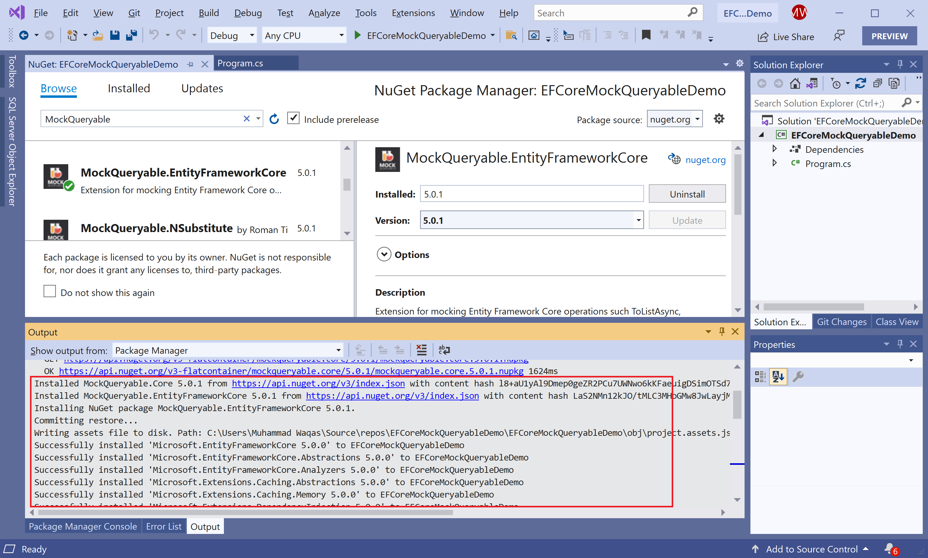 MockQueryable.EntityFrameworkCore installed successfully